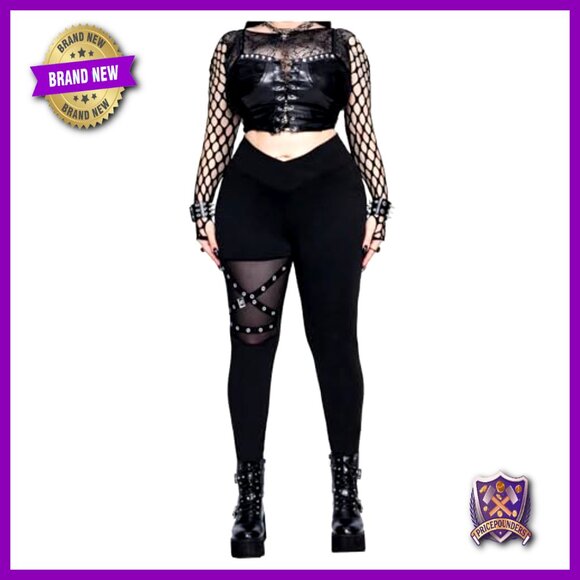 Plus Size High Waisted Leggings Patchwork Punk Contrast Gothic Pants - Picture 3 of 5